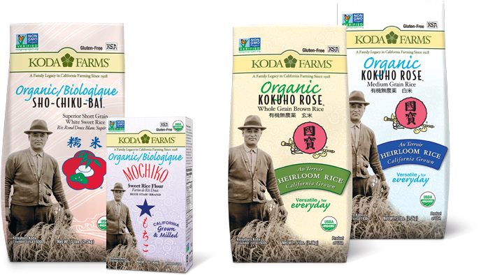 Organic Sho-Chiku-Bai white rice bag, organic Mochiko sweet rice flour box, organic Kokuho Rose  brown and white rice bags. 