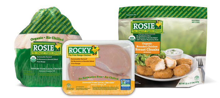 Rosie whole bird, Rocky boneless skinless chicken breast tray and Rosie organic breaded chicken breast chunks bag. 