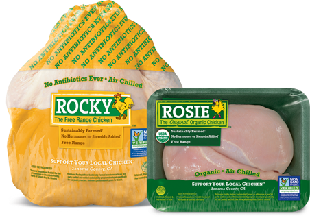 Rocky whole bird and Rosie boneless skinless chicken breast tray 