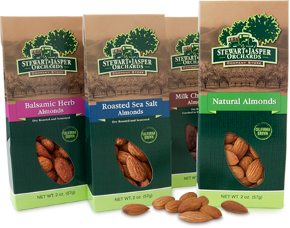 Stewart & Jasper Balsalmic Herb, Roasted Sea Salt, Milkd Chocolate, and Natural flavored almond packaging