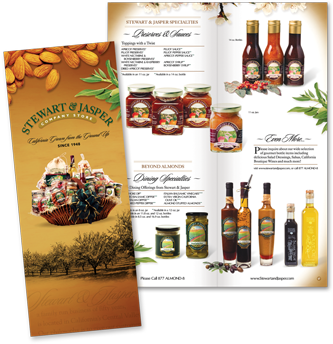 Stewart & Japser product brochure featuring various products: jams, sauces, olives, dipping sauces, almonds. 