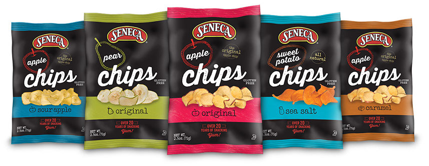 Seneca Sour Apple Apple chips, Original Pear Chips, Original Apple Chips, Sea Salt Sweet Potato Chips and Caramel Apple Chip Bags